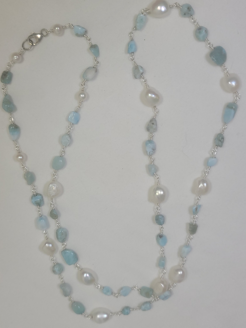 Freshwater Pearl Larimar Gemstone 925 Sterling Silver Beaded Necklace